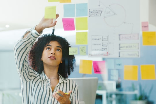 A businesswoman having a brainstorming session in a modern office putting sticky notes on a board.
